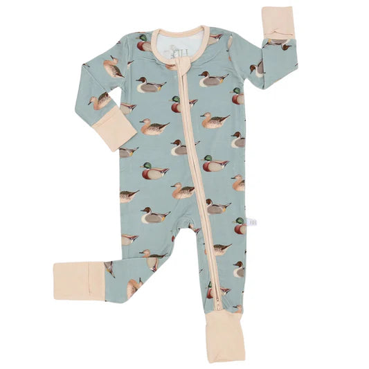 Baby onesie with duck pattern on a white background