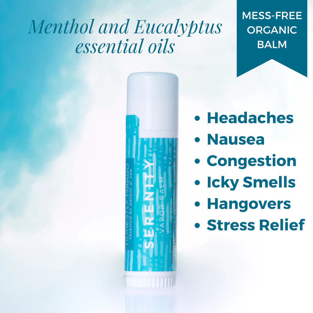 Balm stick with blue label on a light blue background, featuring text about essential oils and uses.