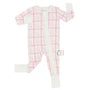 White baby onesie with pink plaid pattern on a white background