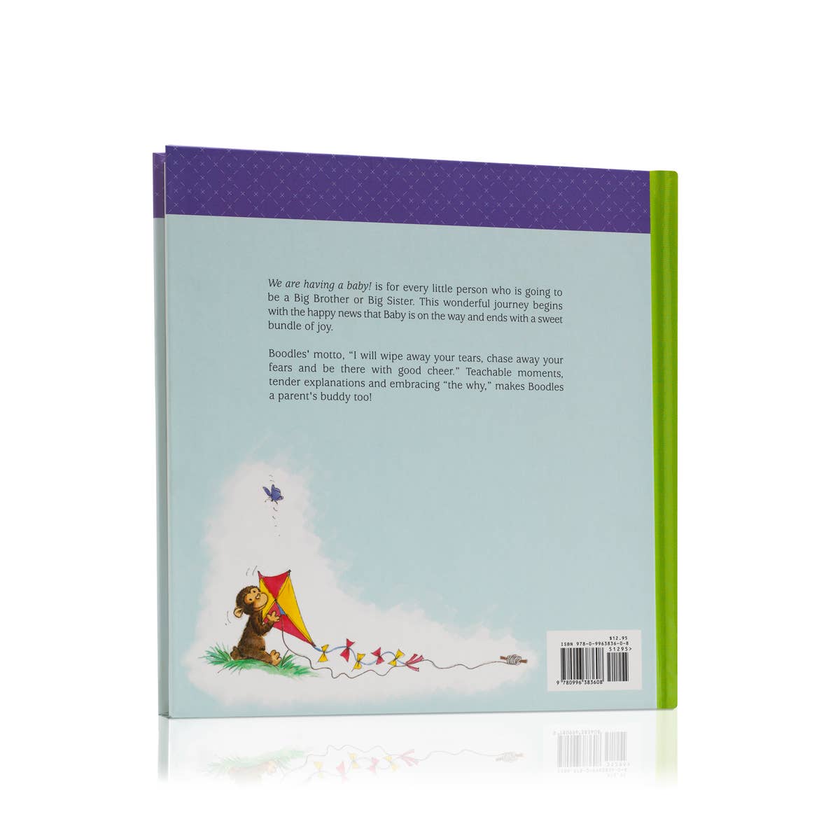 Back cover of a book with a bear and kite illustration on a white background