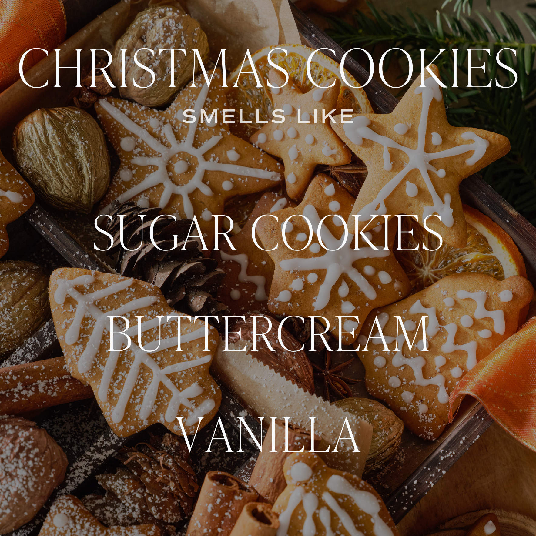 Assorted Christmas cookies with text overlay on a dark background