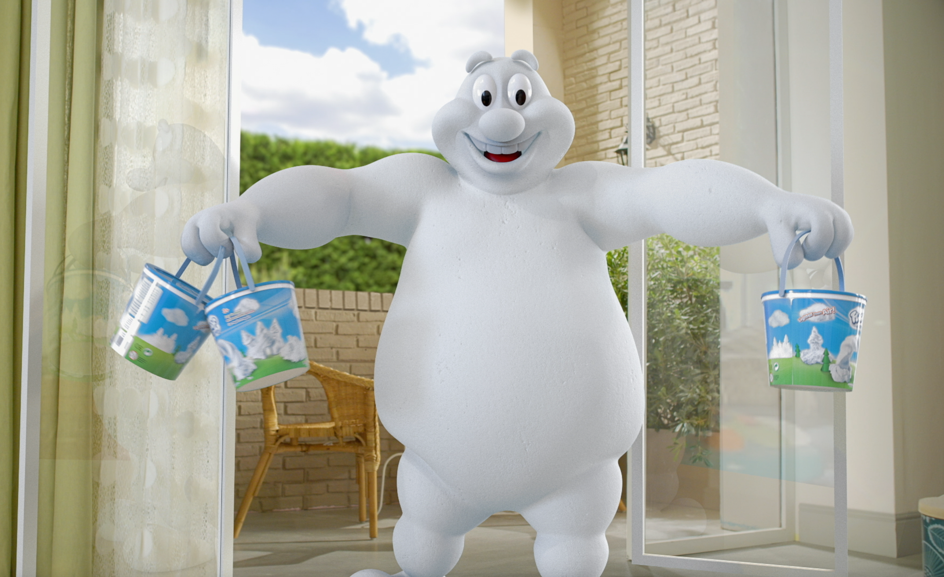 White cartoon character holding two buckets with blue lids in a room with a window showing greenery outside.