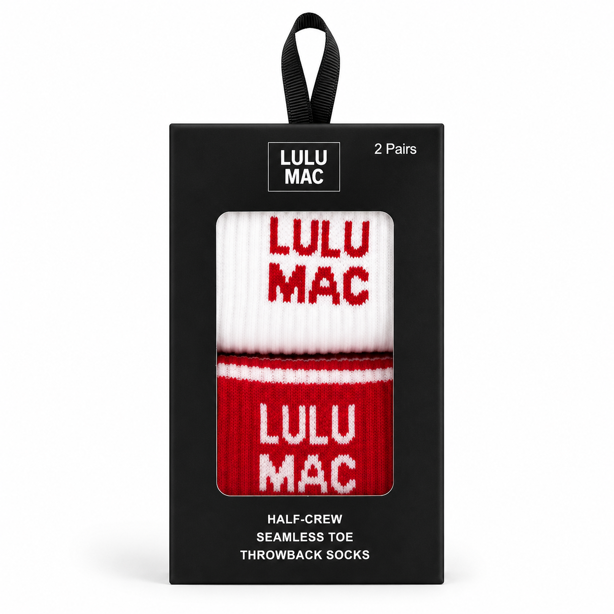 Lulu Mac half-crew socks, red and white, in 2-pair box with logo