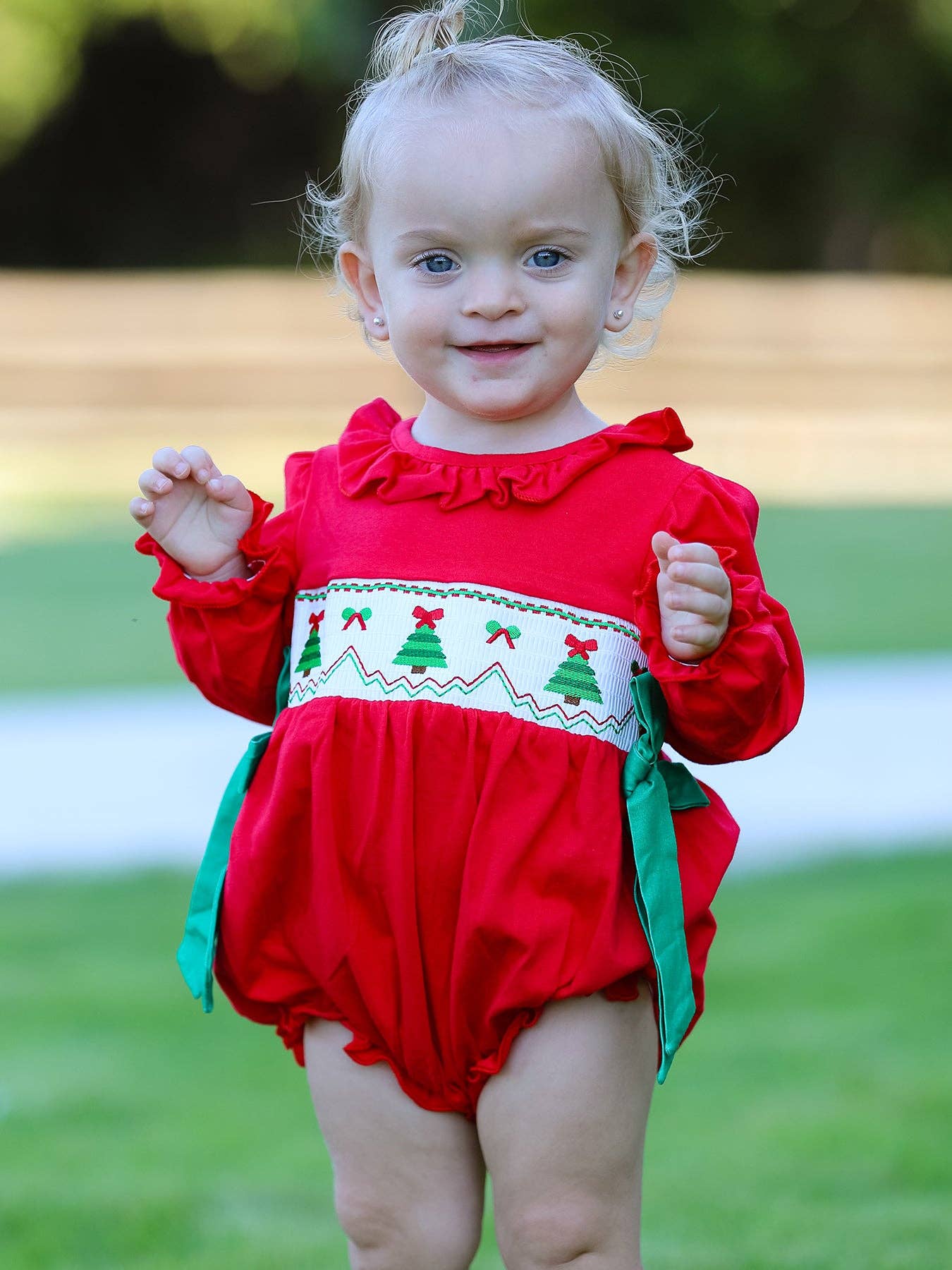 Rylee Faith Designs - Christmas Smocked Girls Romper with Green Bow and Tree Embroidery