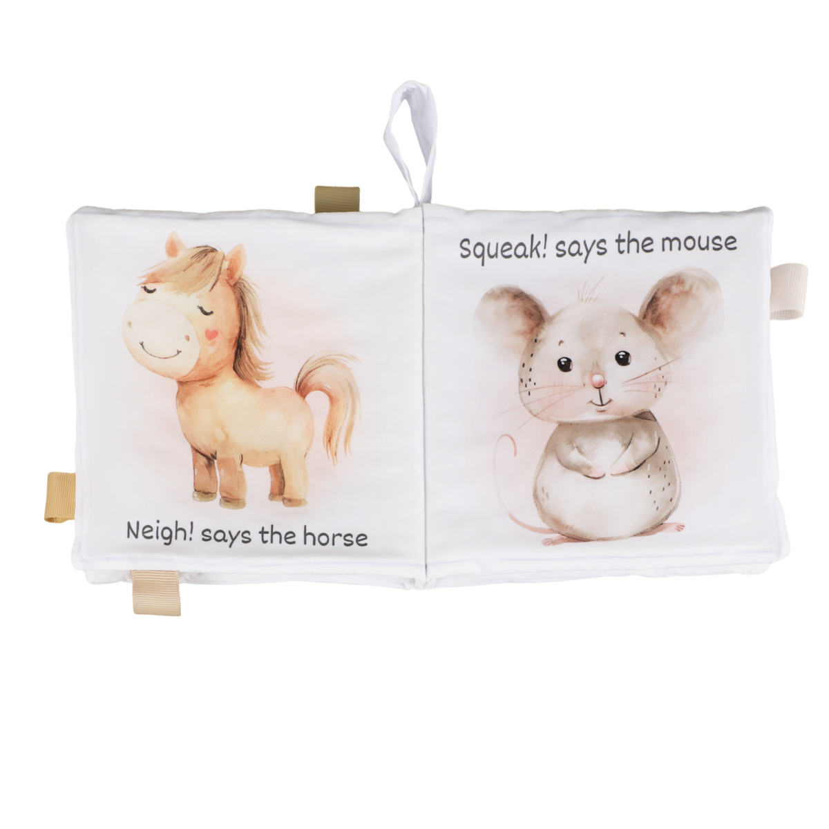 Open soft farm animals cloth crinkle book showing horse and mouse pages with tags