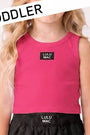 Child wearing a pink sleeveless top and black shorts with 'LULU MAC' branding on a white background.