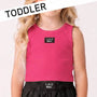 Child wearing a pink sleeveless top and black shorts with 'LULU MAC' branding on a white background.