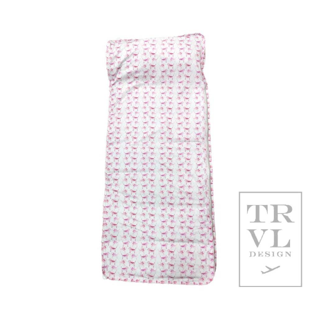 Fabric nap mat with pink dog pattern on a white background