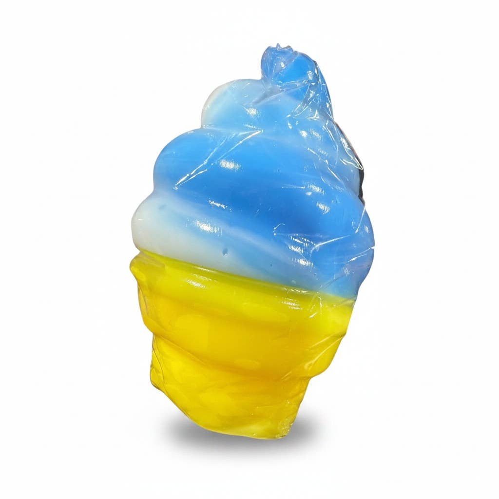 Toy ice cream cone with blue and yellow colors on a white background