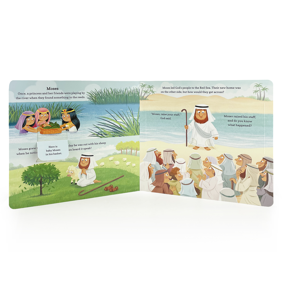 Children's book with illustrations of a princess, a shepherd, and a group of people in a desert setting.