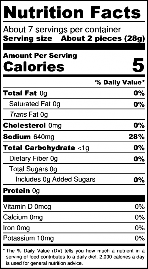 Nutrition facts label for a food product with serving size and calories information.