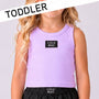 Child wearing a purple tank top and black shorts with LULU MAC branding on a light  gray background.