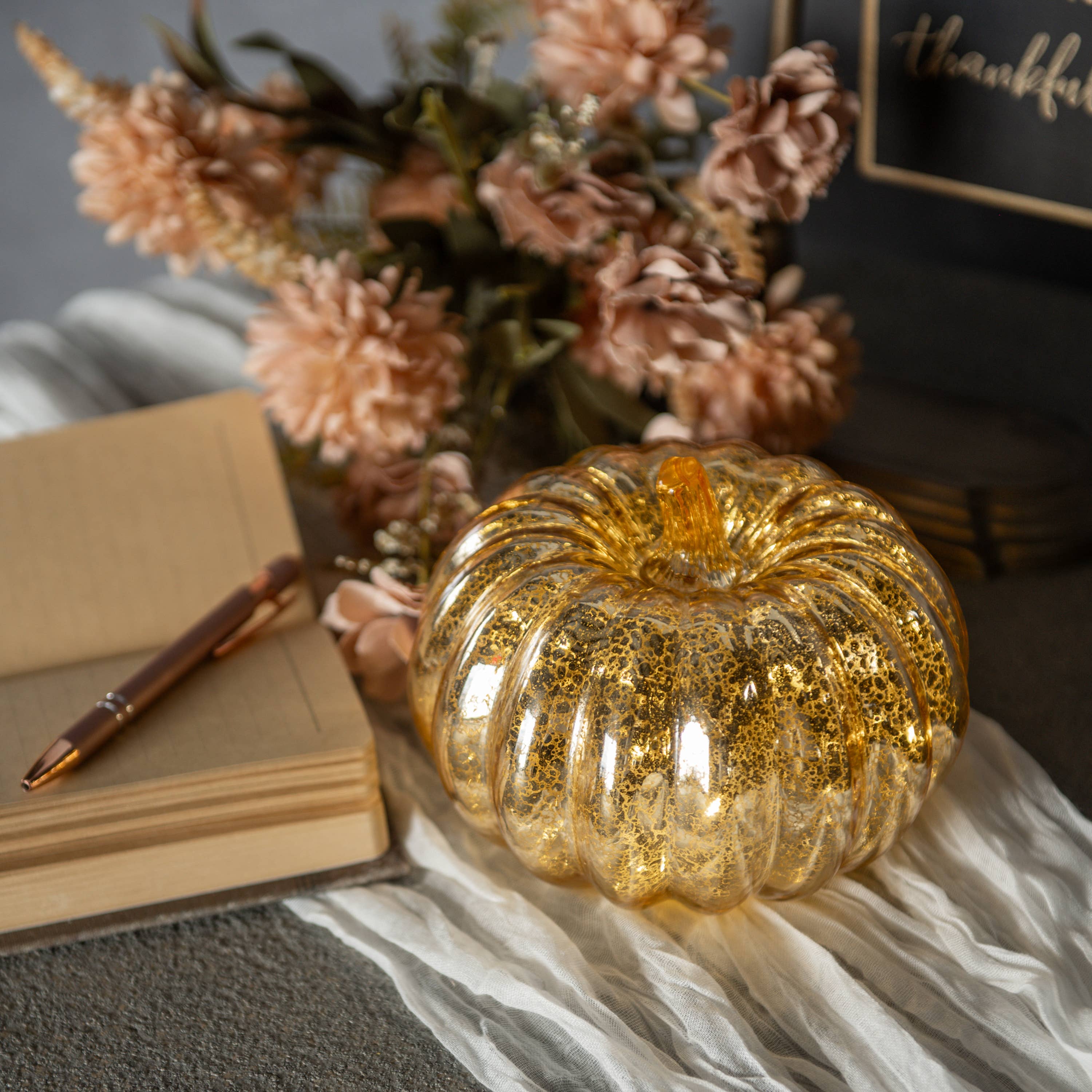 Ragon House - 5" GOLD CRACKLE GLASS LED PUMPKIN