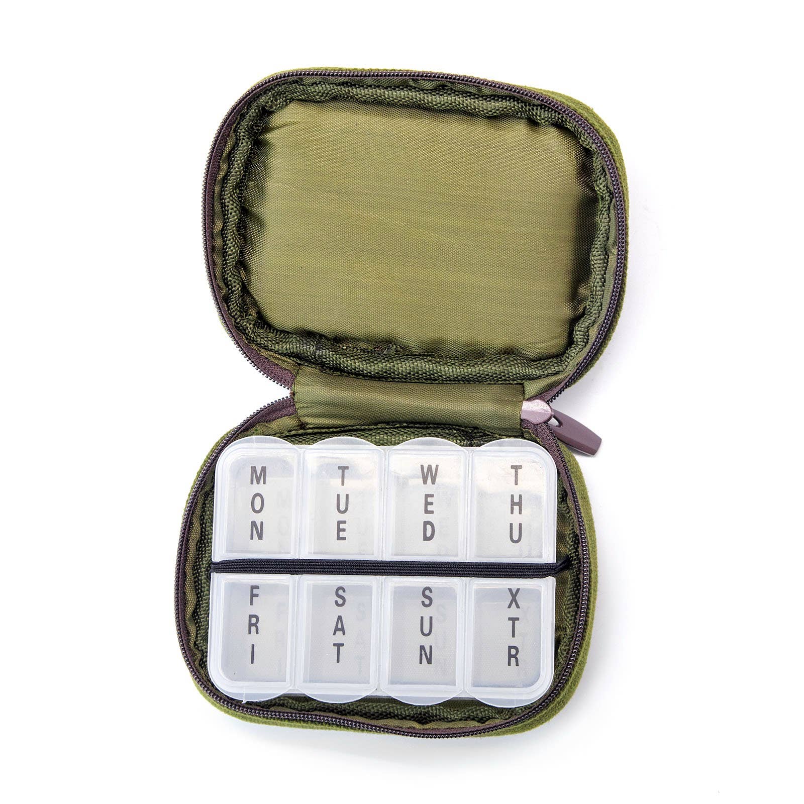 Green pill case with weekly compartments on a white background
