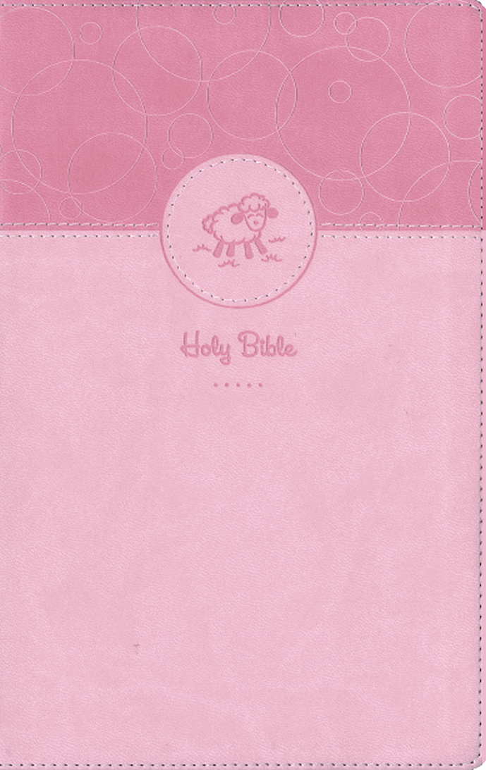 Pink Bible cover with circular design and lamb illustration on a pink background