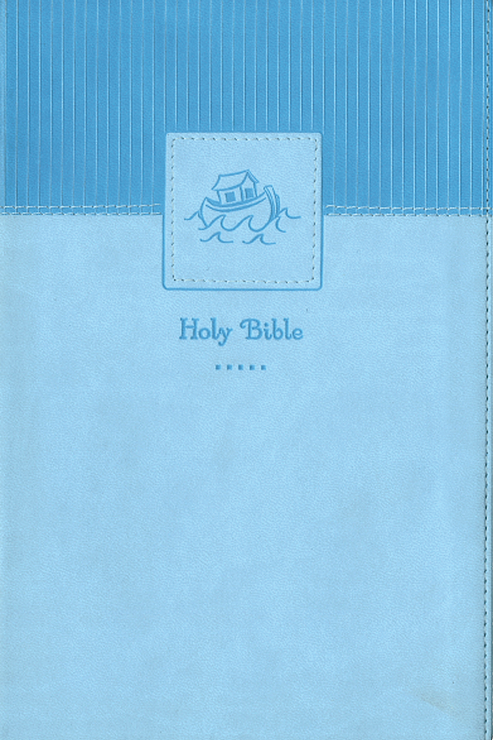 Blue Bible cover with a decorative emblem on a blue background