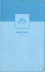 Blue Bible cover with a decorative emblem on a blue background