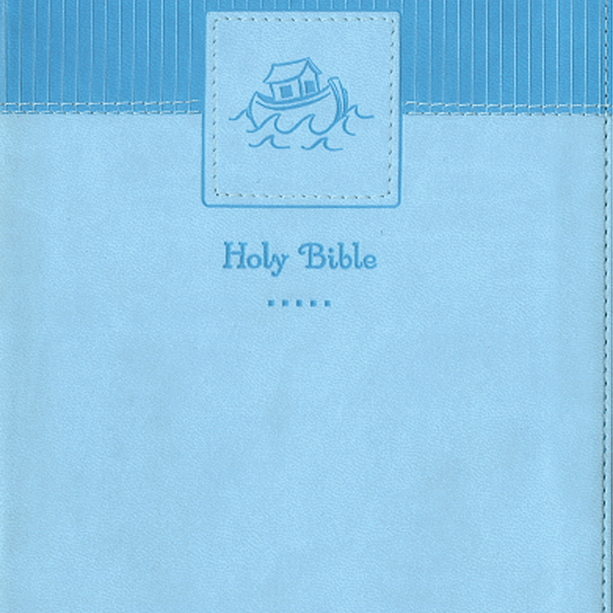Blue Bible cover with a decorative emblem on a blue background