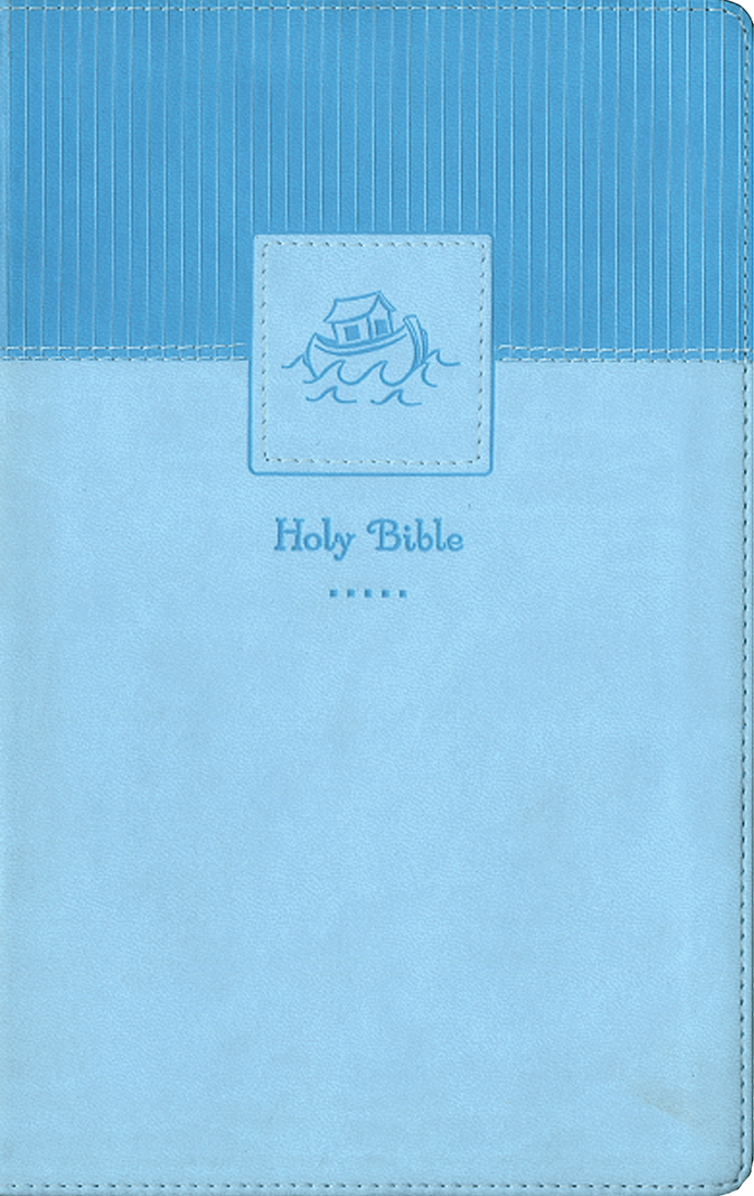 Blue Bible cover with a decorative emblem on a blue background