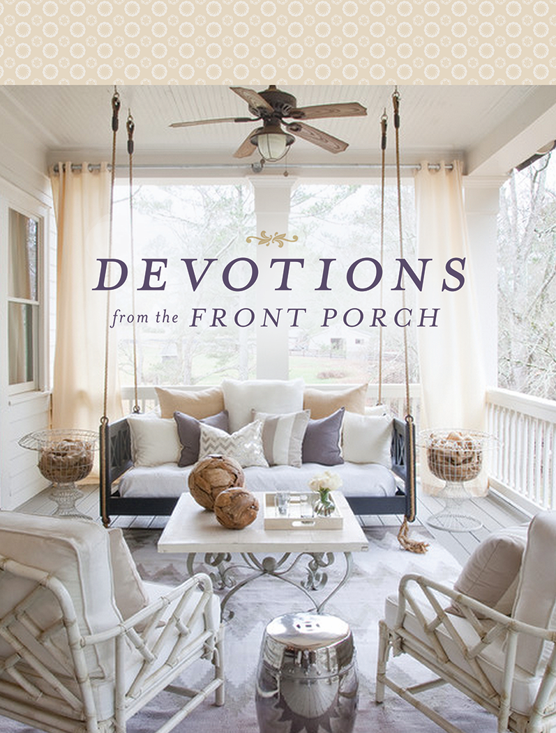Cozy outdoor living space with furniture and decor, featuring the text 'Devotions from the Front Porch'.
