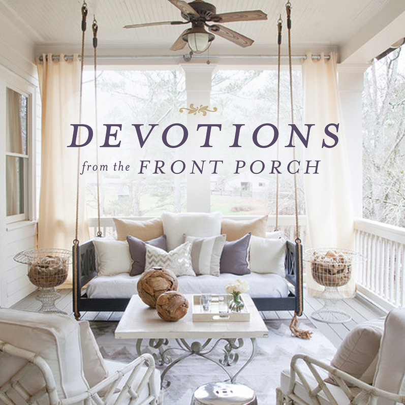 Cozy outdoor living space with furniture and decor, featuring the text 'Devotions from the Front Porch'.