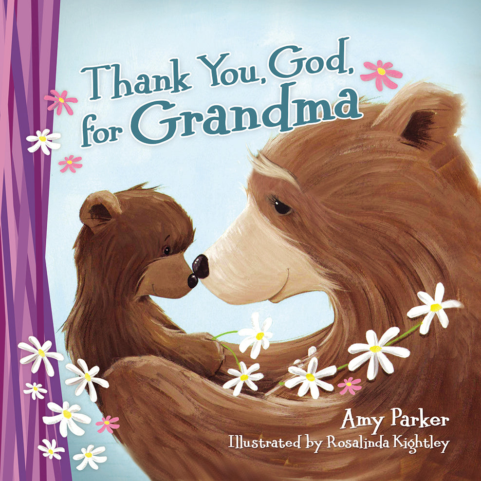 Book cover of 'Thank You, God, for Grandma' with two bears and flowers.