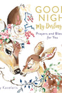 Book cover with two deer facing each other, surrounded by flowers and leaves, with text 'Good Night, My Darling Dear' and author name 'Amy Kavelaris'.