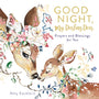 Book cover with two deer facing each other, surrounded by flowers and leaves, with text 'Good Night, My Darling Dear' and author name 'Amy Kavelaris'.