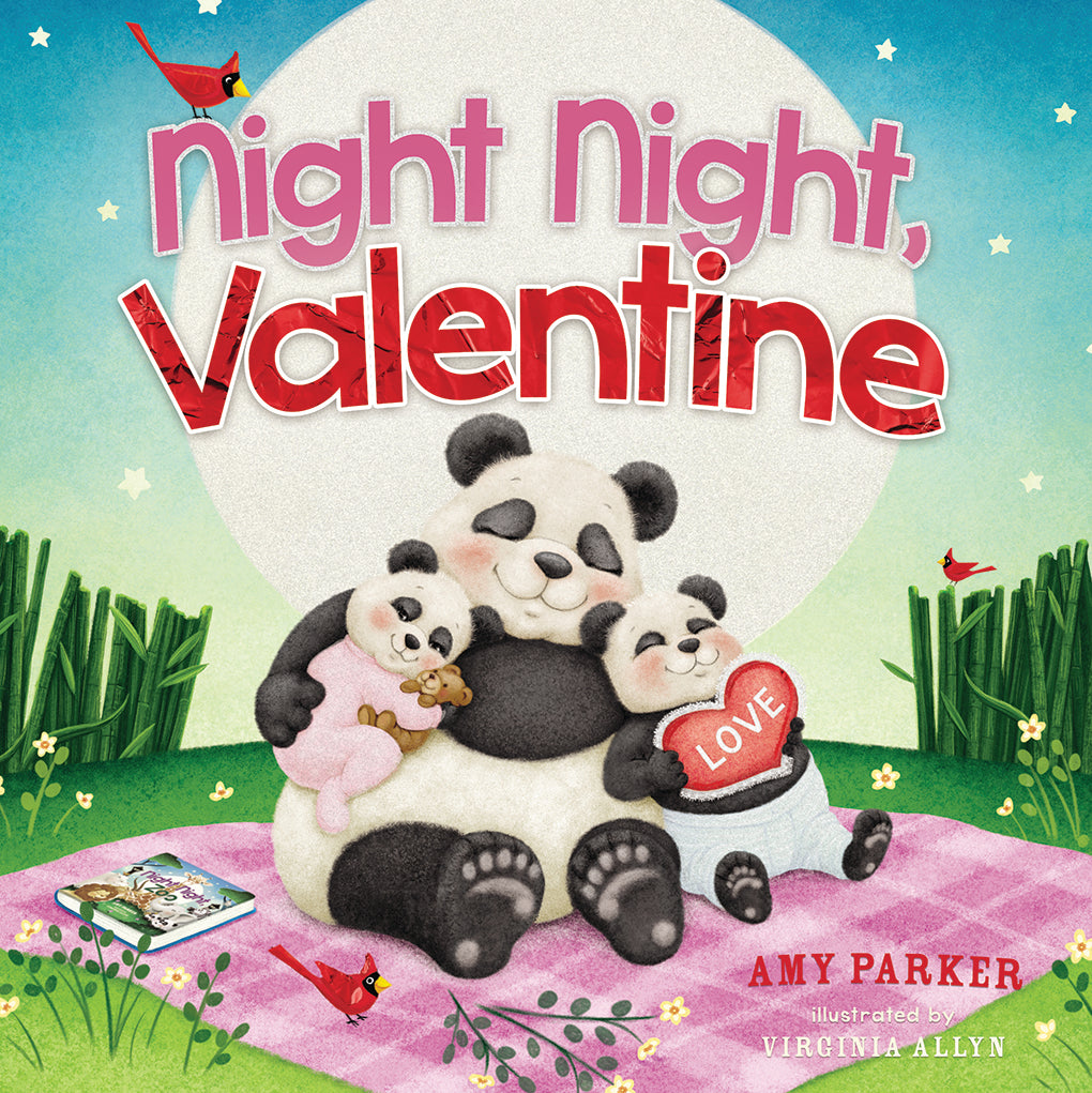 Book cover of 'Night Night, Valentine' with pandas and a heart, featuring Amy Parker and illustrated by Virginia Allyn.
