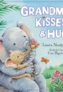 Book cover of 'Grandma Kisses & Hugs' with an elephant holding a baby elephant and flowers.