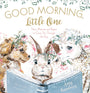 Book cover with animals and flowers, featuring text 'Good Morning, Little One' and author's name.