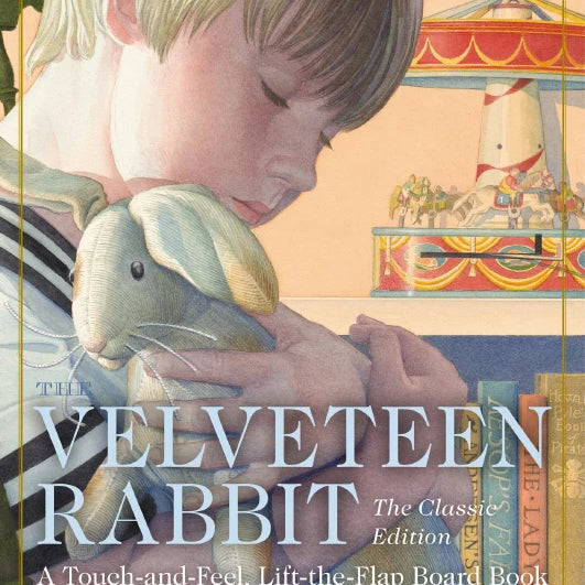 Book cover of 'The Velveteen Rabbit' with a child holding a rabbit and a carousel in the background.