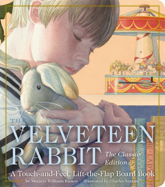Book cover of 'The Velveteen Rabbit' with a child holding a rabbit and a carousel in the background.