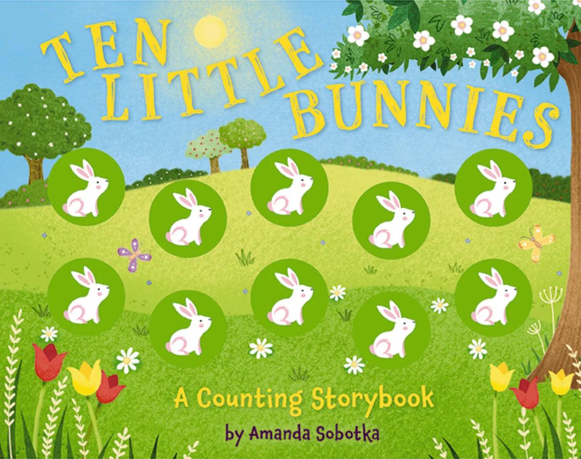Book cover of 'Ten Little Bunnies' with illustrations of bunnies and flowers on a green field background.