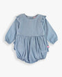 Light blue baby romper with ruffled sleeves on a white background
