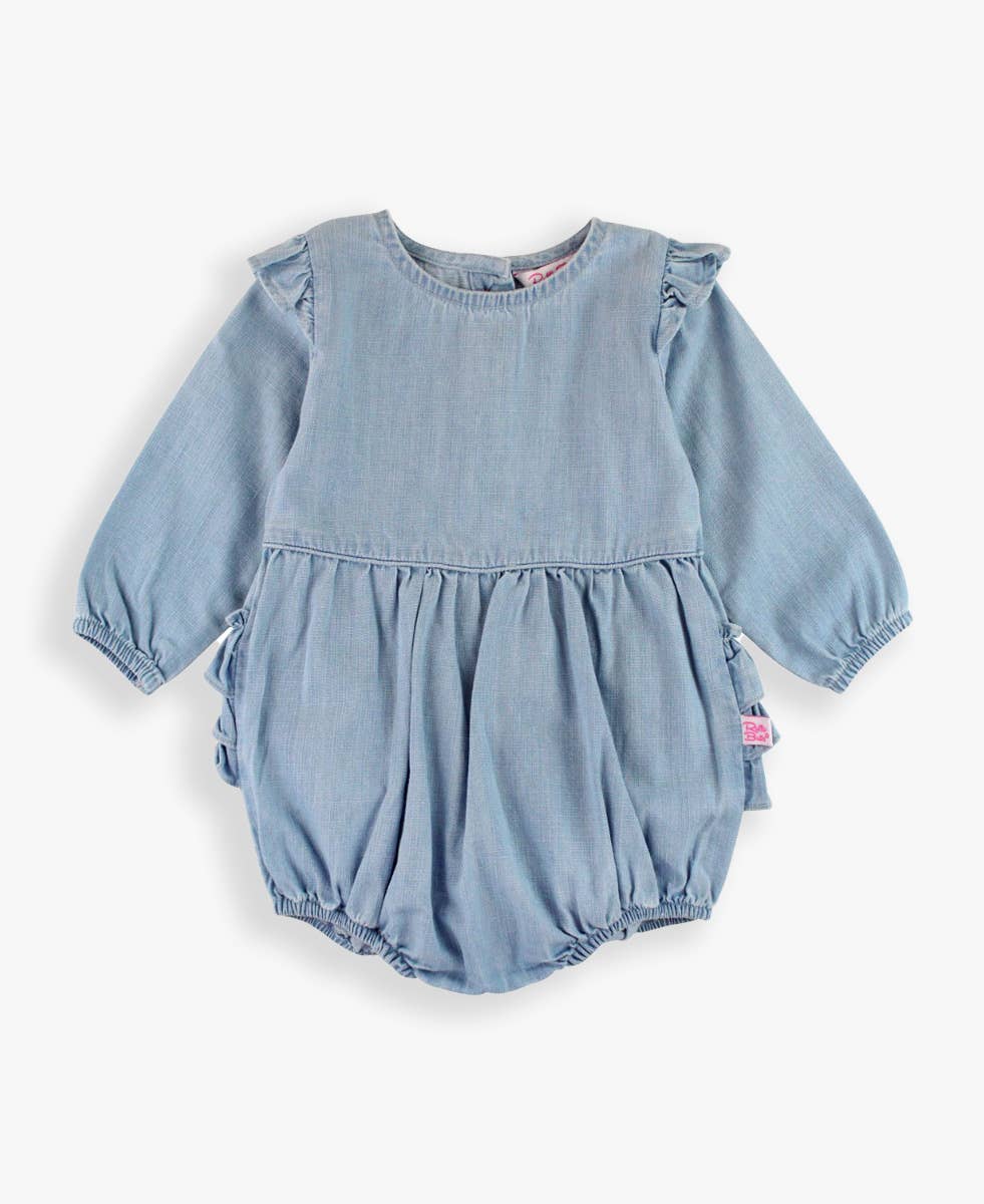 Light blue baby romper with ruffled sleeves on a white background
