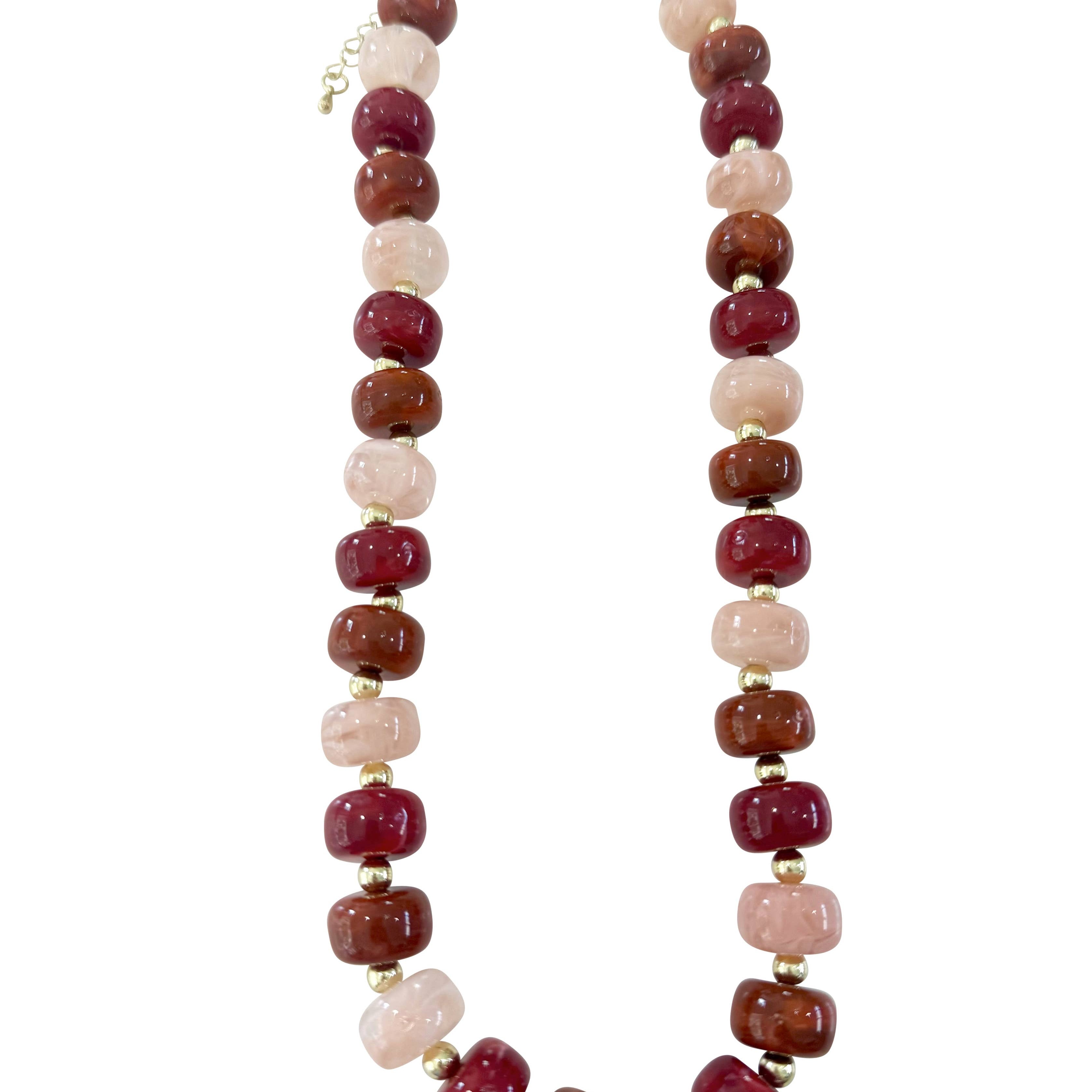 Chunky maroon mix beaded necklace with alternating faceted beads and gold-tone clasp