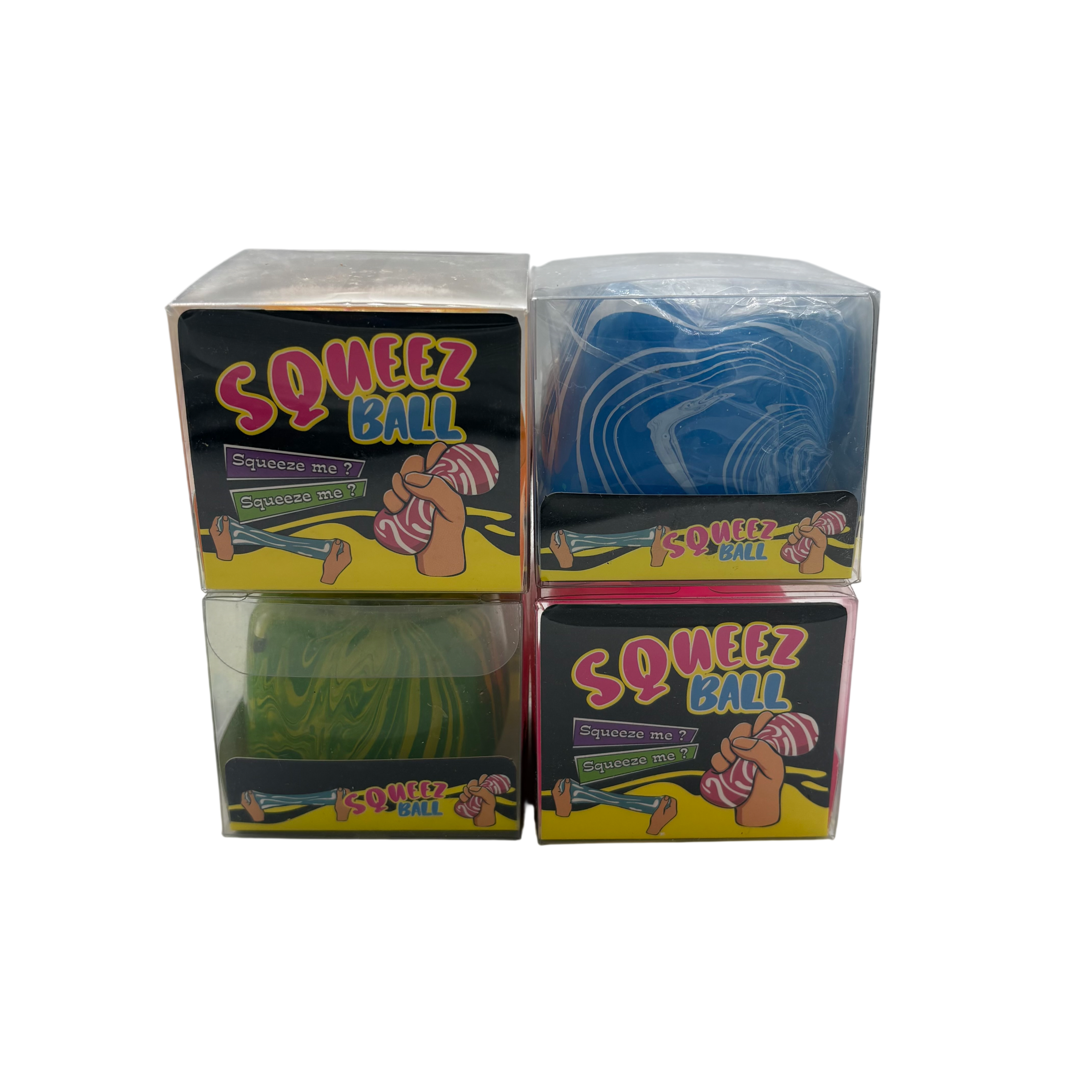 Four boxes of Squeez Ball toys on a white background
