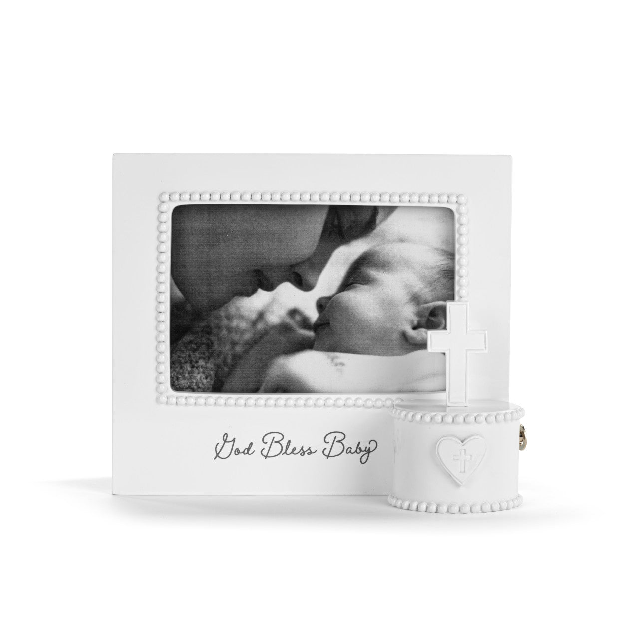 White photo frame with 'God Bless Baby' text and heart design on a white background