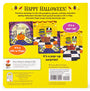 Back cover of a children's book with Halloween-themed illustrations and text.