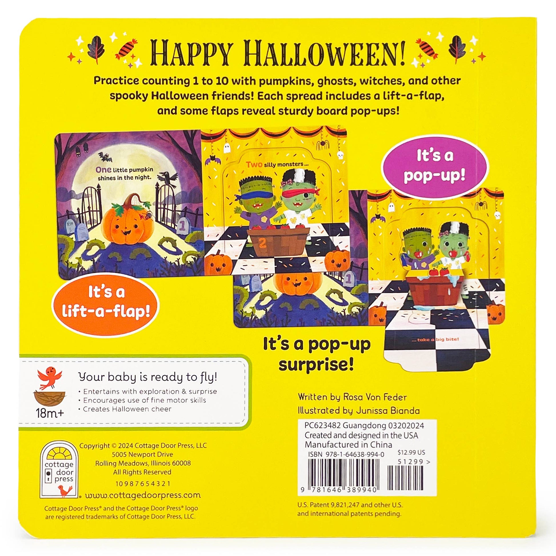 Back cover of a children's book with Halloween-themed illustrations and text.