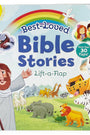 Children's book titled 'Best-Loved Bible Stories' with lift-a-flap pages, featuring illustrations of Noah and animals.