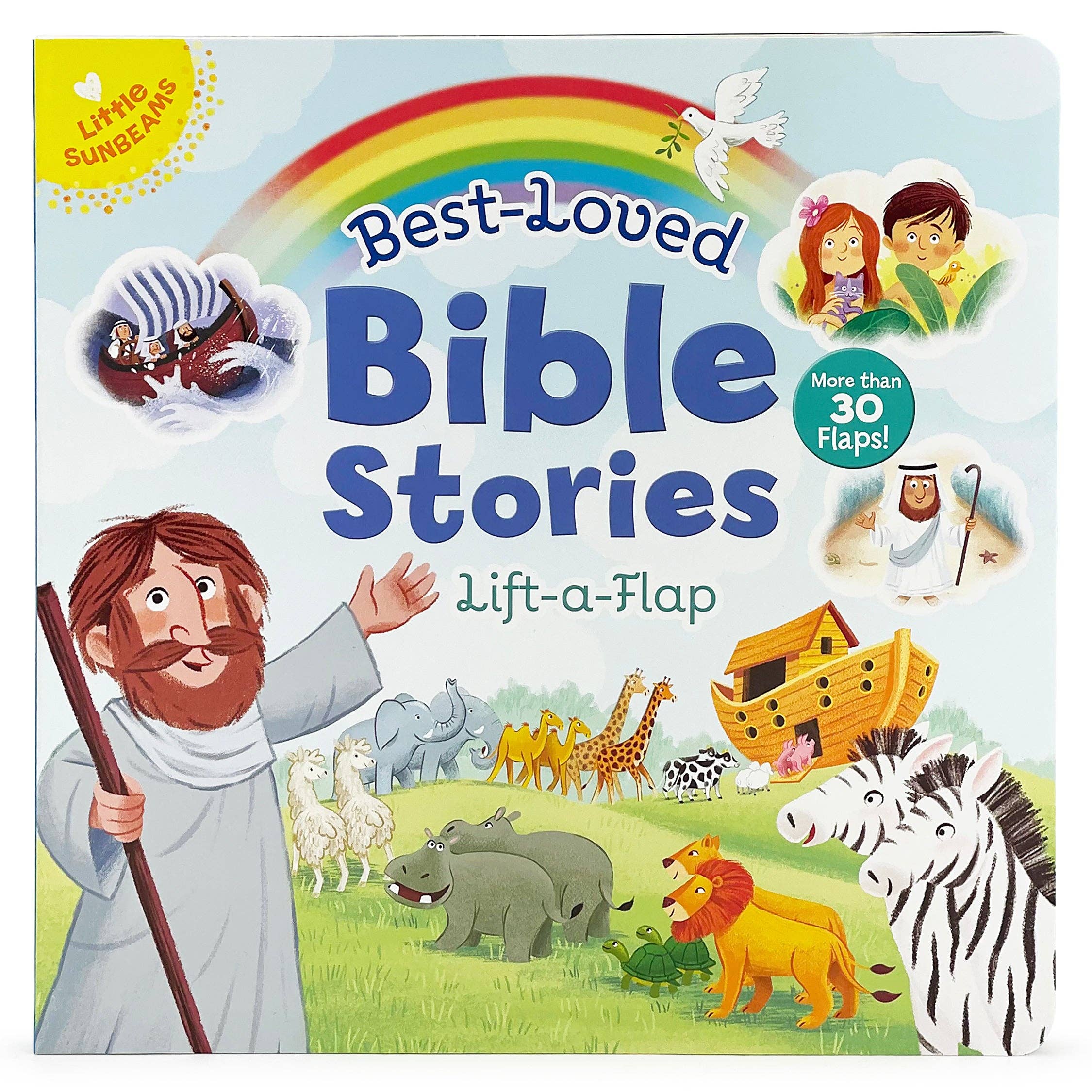 Children's book titled 'Best-Loved Bible Stories' with lift-a-flap pages, featuring illustrations of Noah and animals.