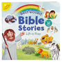 Children's book titled 'Best-Loved Bible Stories' with lift-a-flap pages, featuring illustrations of Noah and animals.