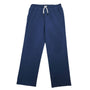 Navy blue pants with a white drawstring on a white background