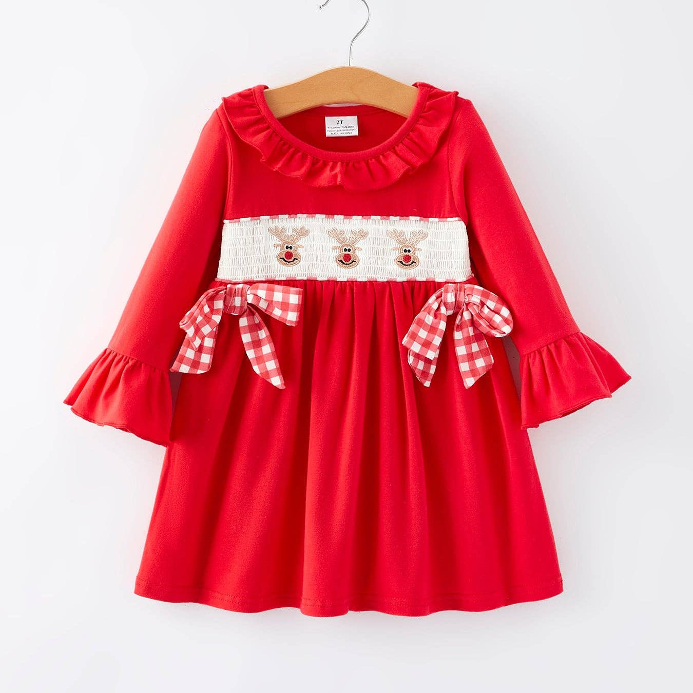 Rylee Faith Designs - Christmas Bow Red Smocking Reindeer Embroidery Girls Dress