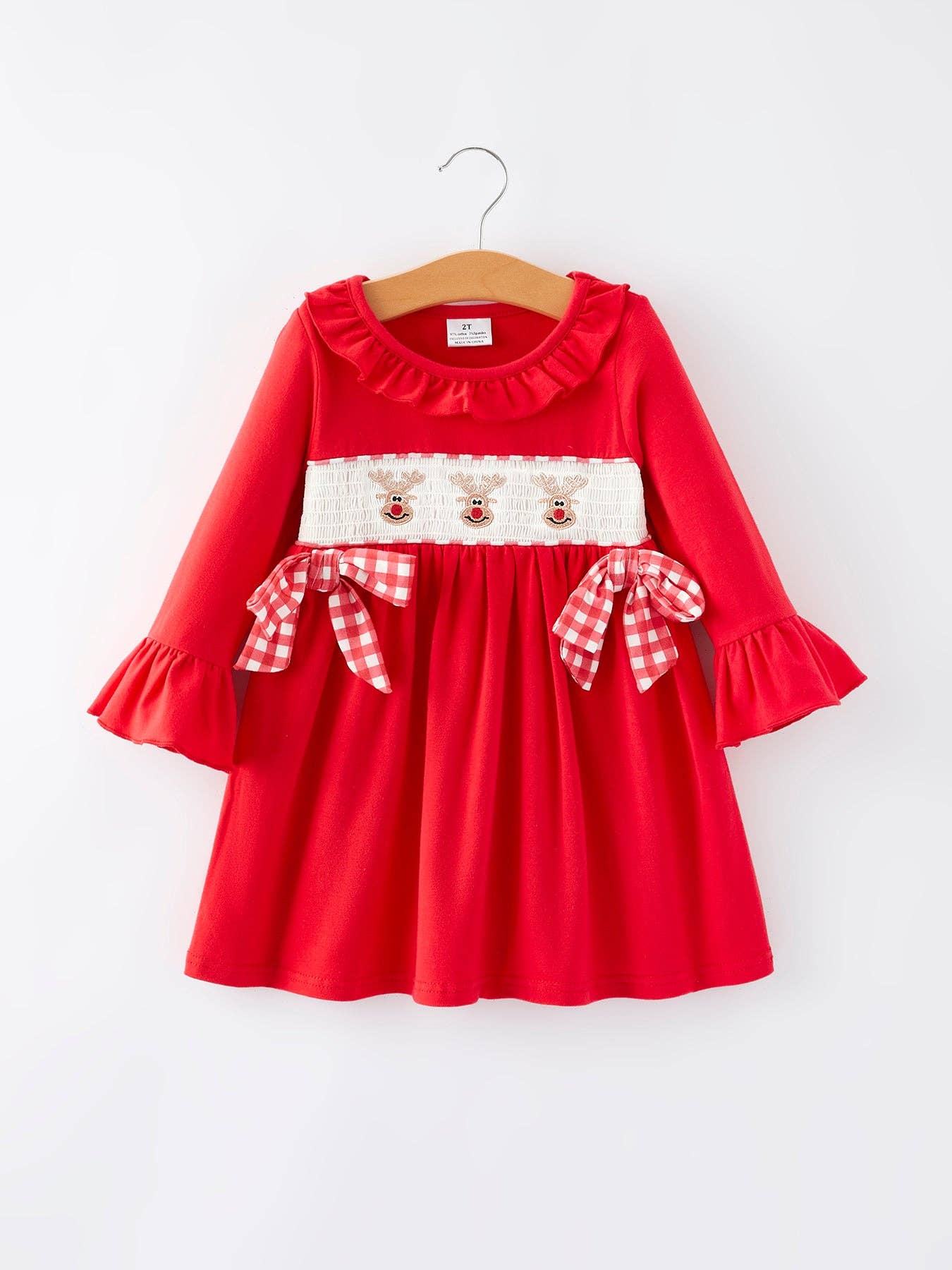 Rylee Faith Designs - Christmas Bow Red Smocking Reindeer Embroidery Girls Dress