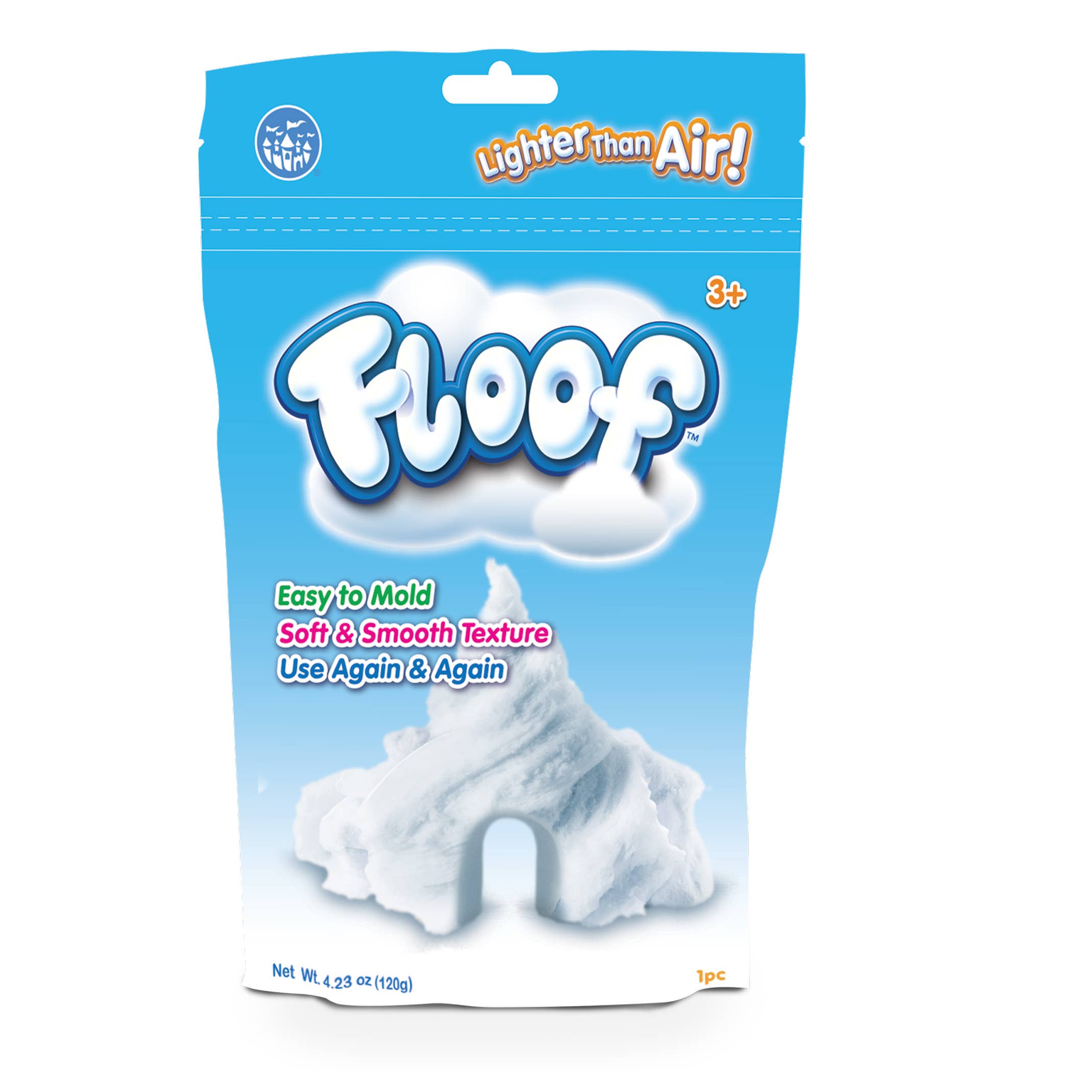 Packaging of Floof toy with blue background and white text