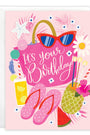 Birthday card with pink bag, sunglasses, flip-flops, and tropical elements on a white background
