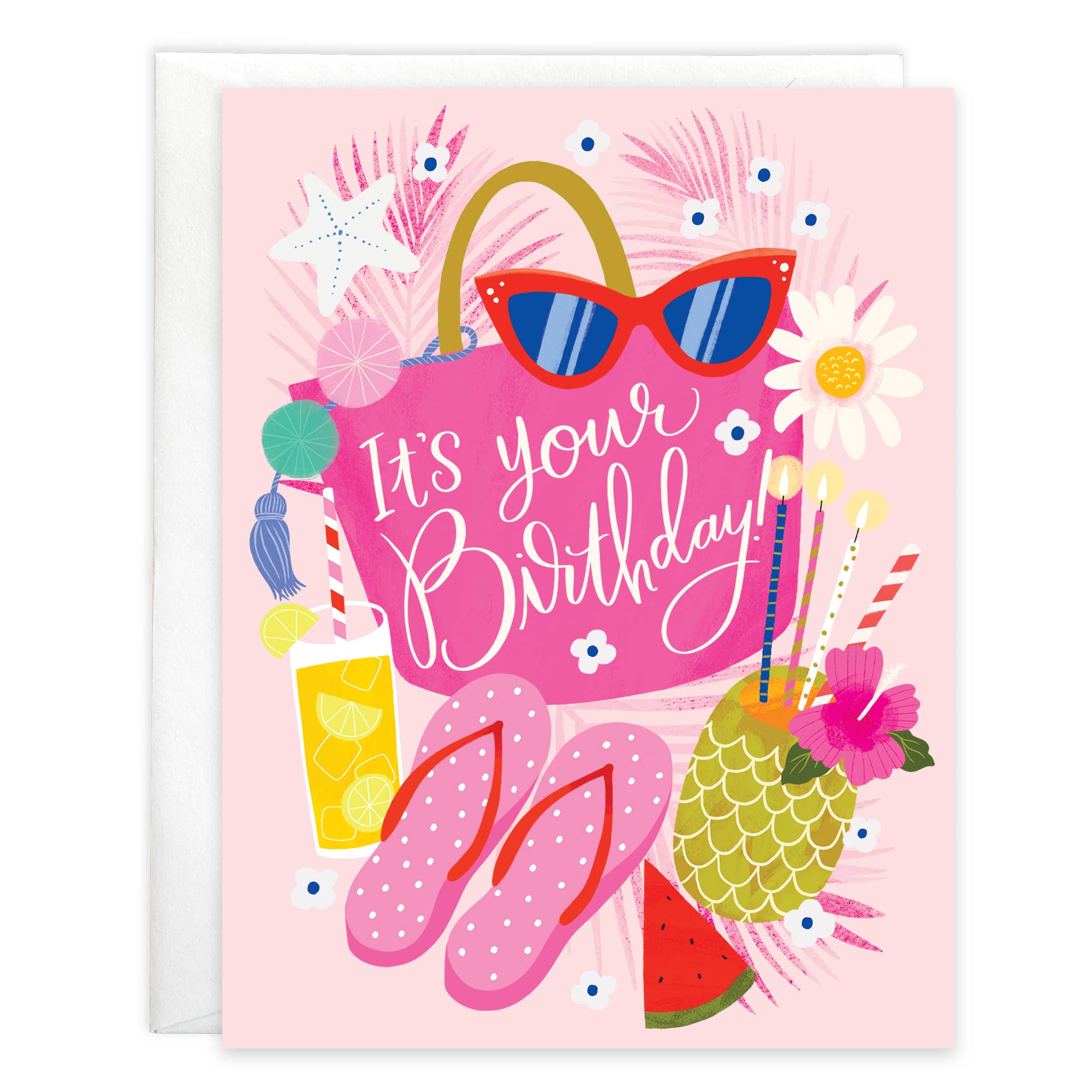 Birthday card with pink bag, sunglasses, flip-flops, and tropical elements on a white background